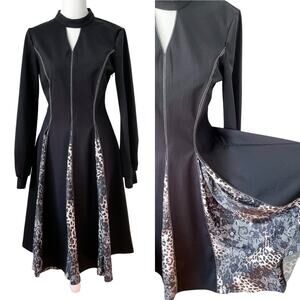 Gracia black stretch fit & flare pleated flounce skirt long sleeve dress size S